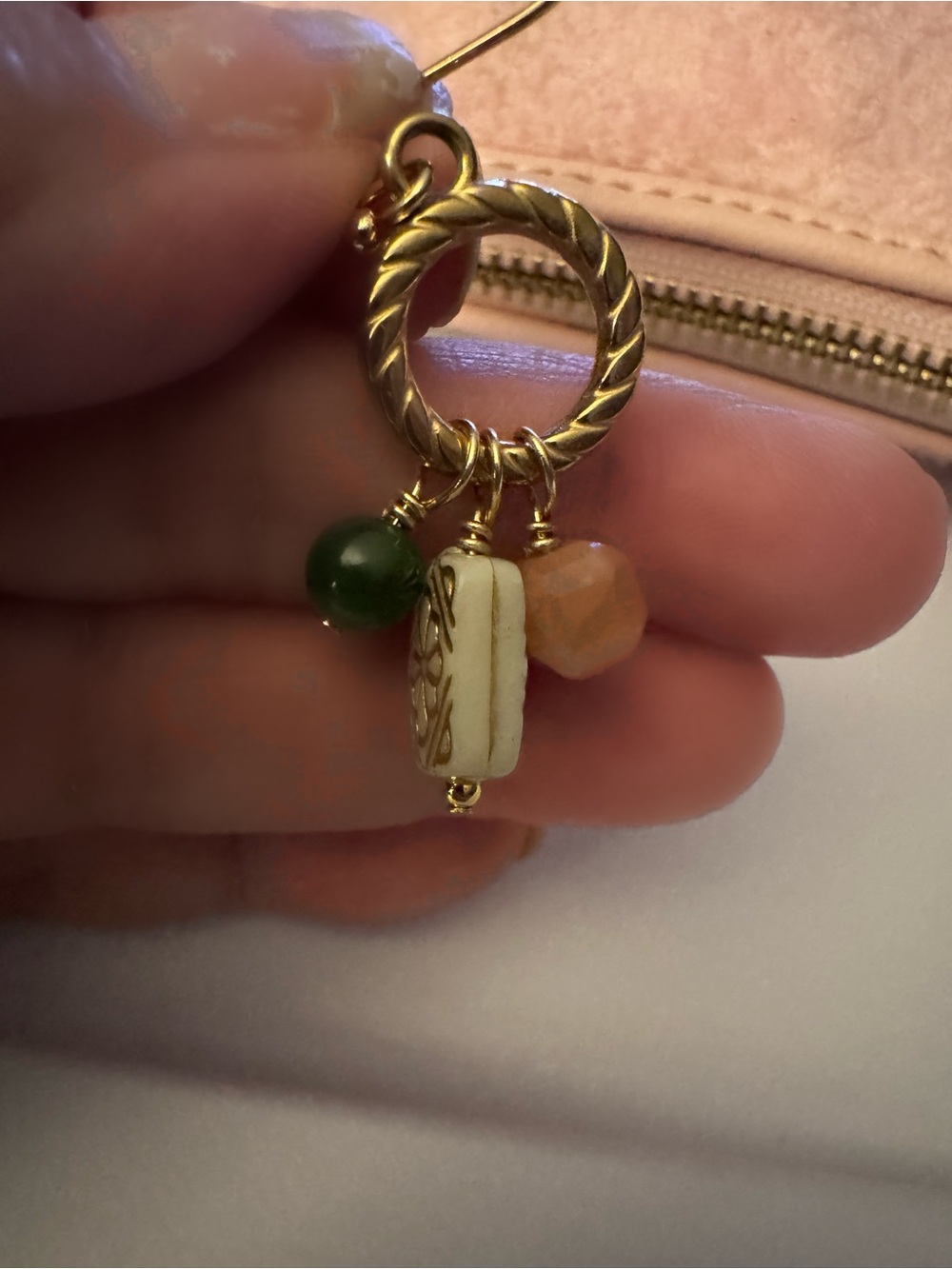 Gold-Tone Charm Hoop Earring with Green and Peach Beads